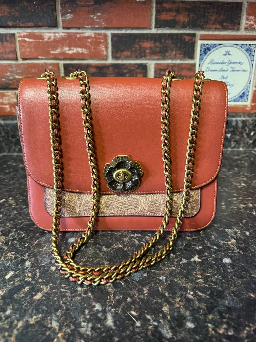 Coach Tea Rose Parker Shoulder Bag Signature Canvas & Leather Rust/Burnt Orange